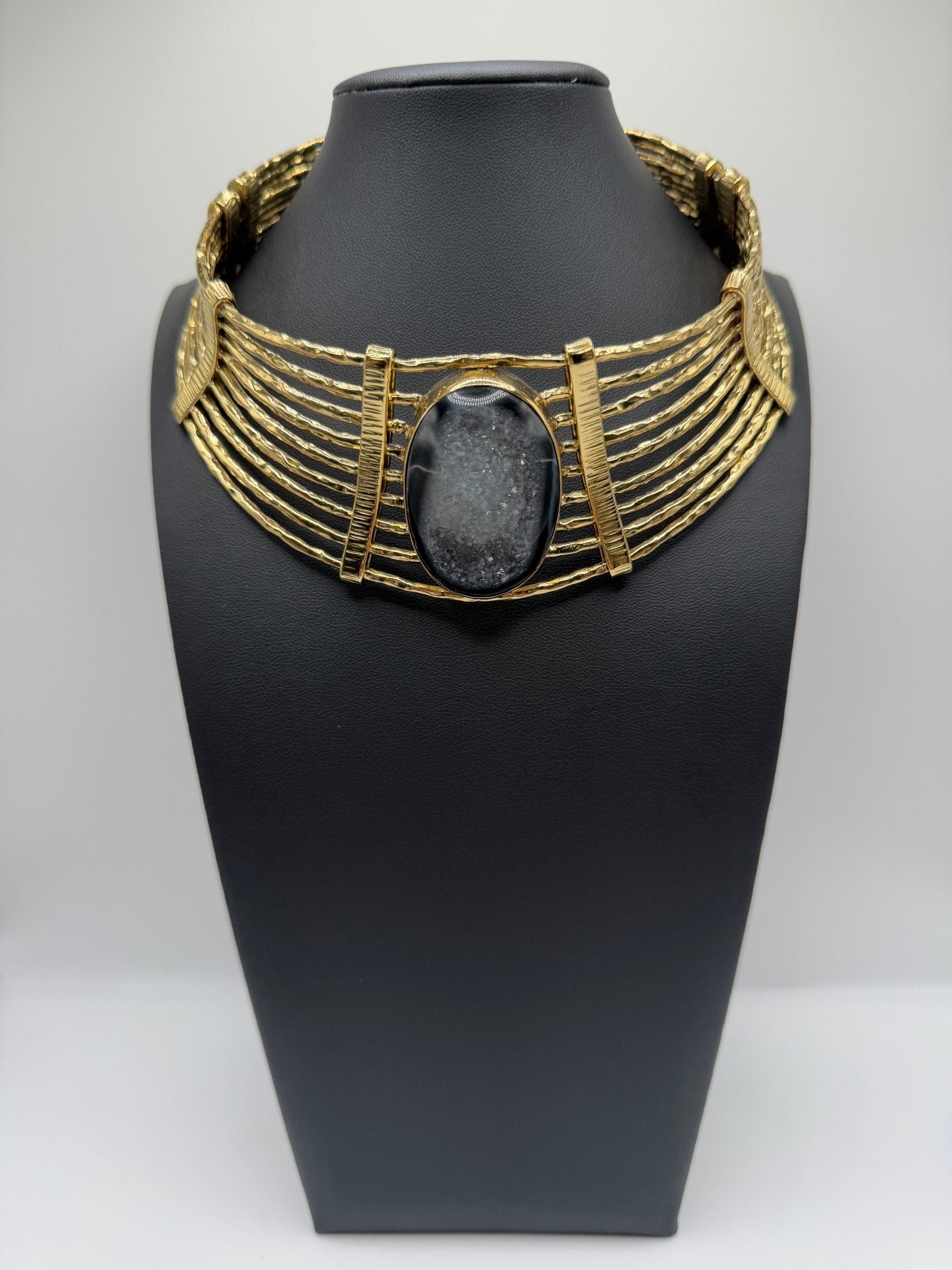 Black agate druzy hammered neckpiece - AVA Jewelry
