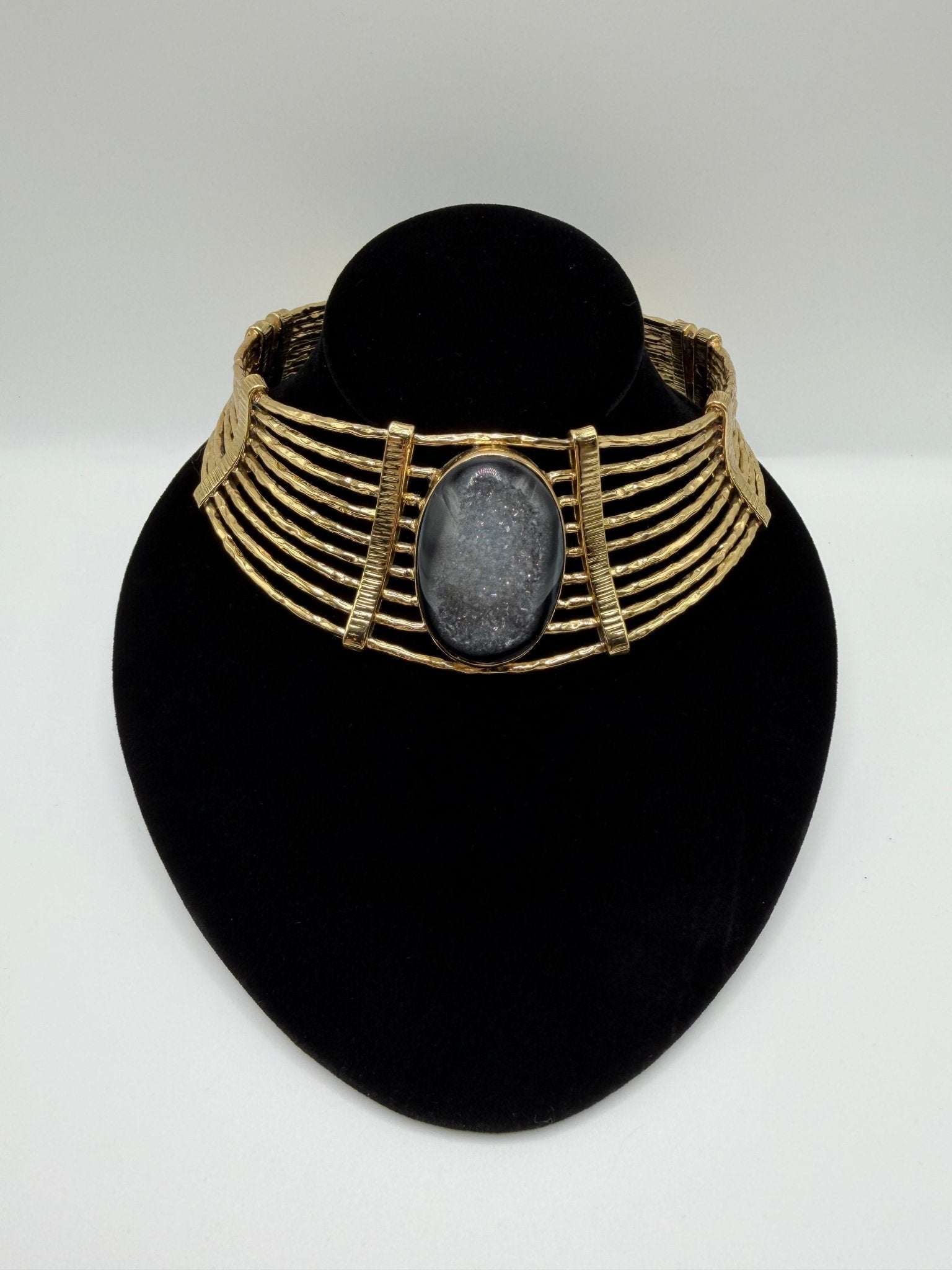 Black agate druzy hammered neckpiece - AVA Jewelry