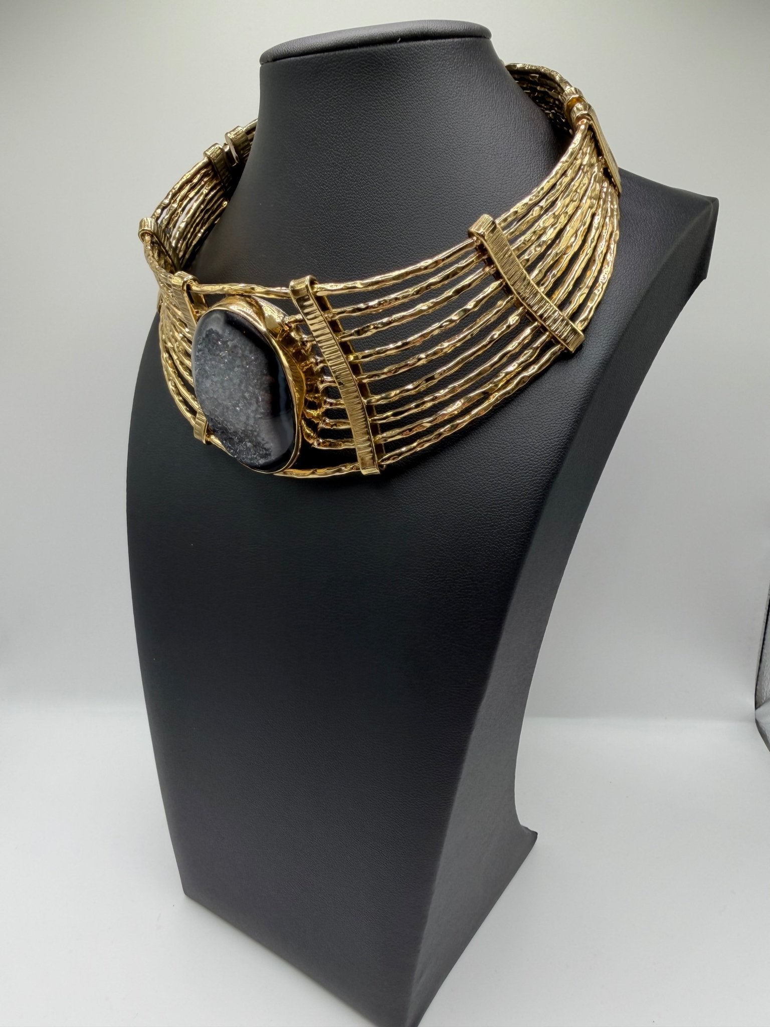 Black agate druzy hammered neckpiece - AVA Jewelry