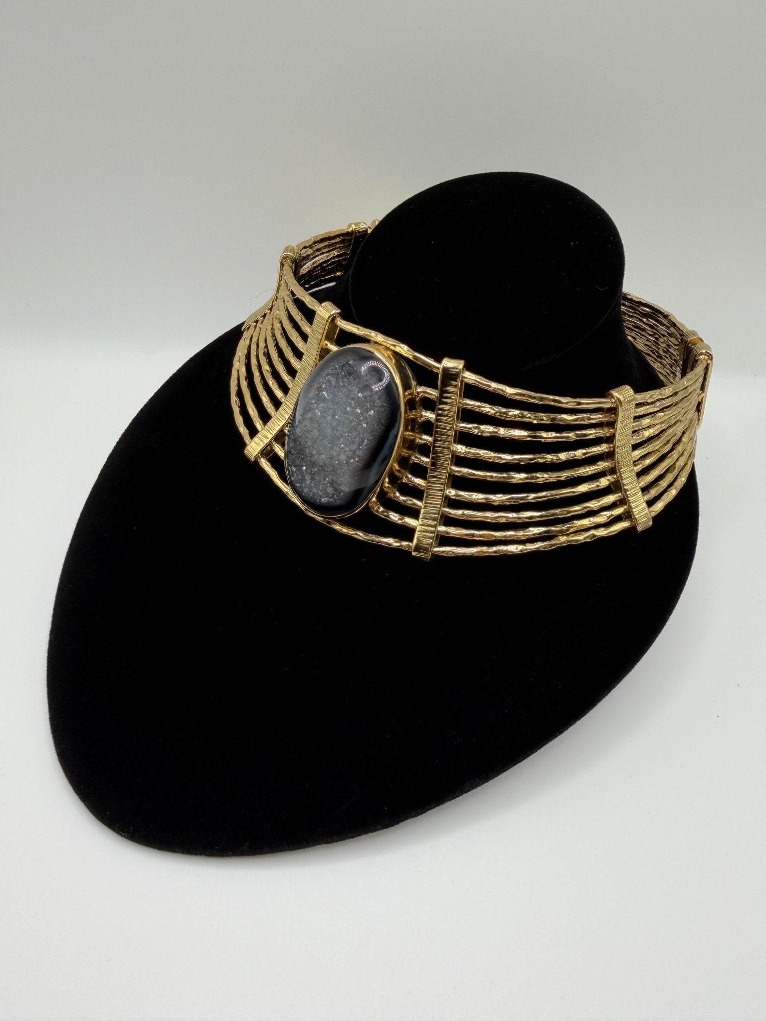 Black agate druzy hammered neckpiece - AVA Jewelry