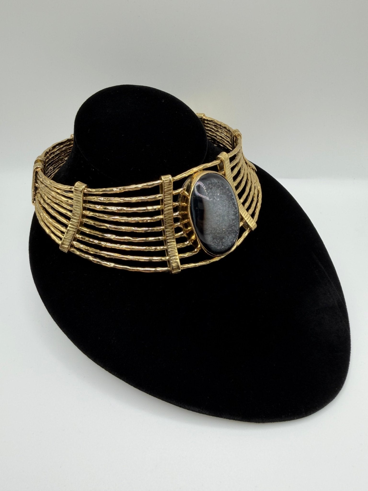 Black agate druzy hammered neckpiece - AVA Jewelry