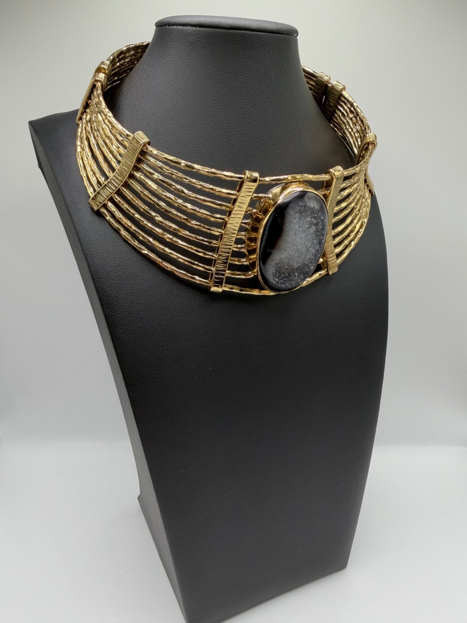 Black agate druzy hammered neckpiece - AVA Jewelry